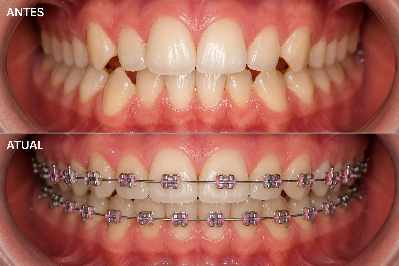 Antes e depois de tratamento ortodôntico para correção de apinhamento dental
