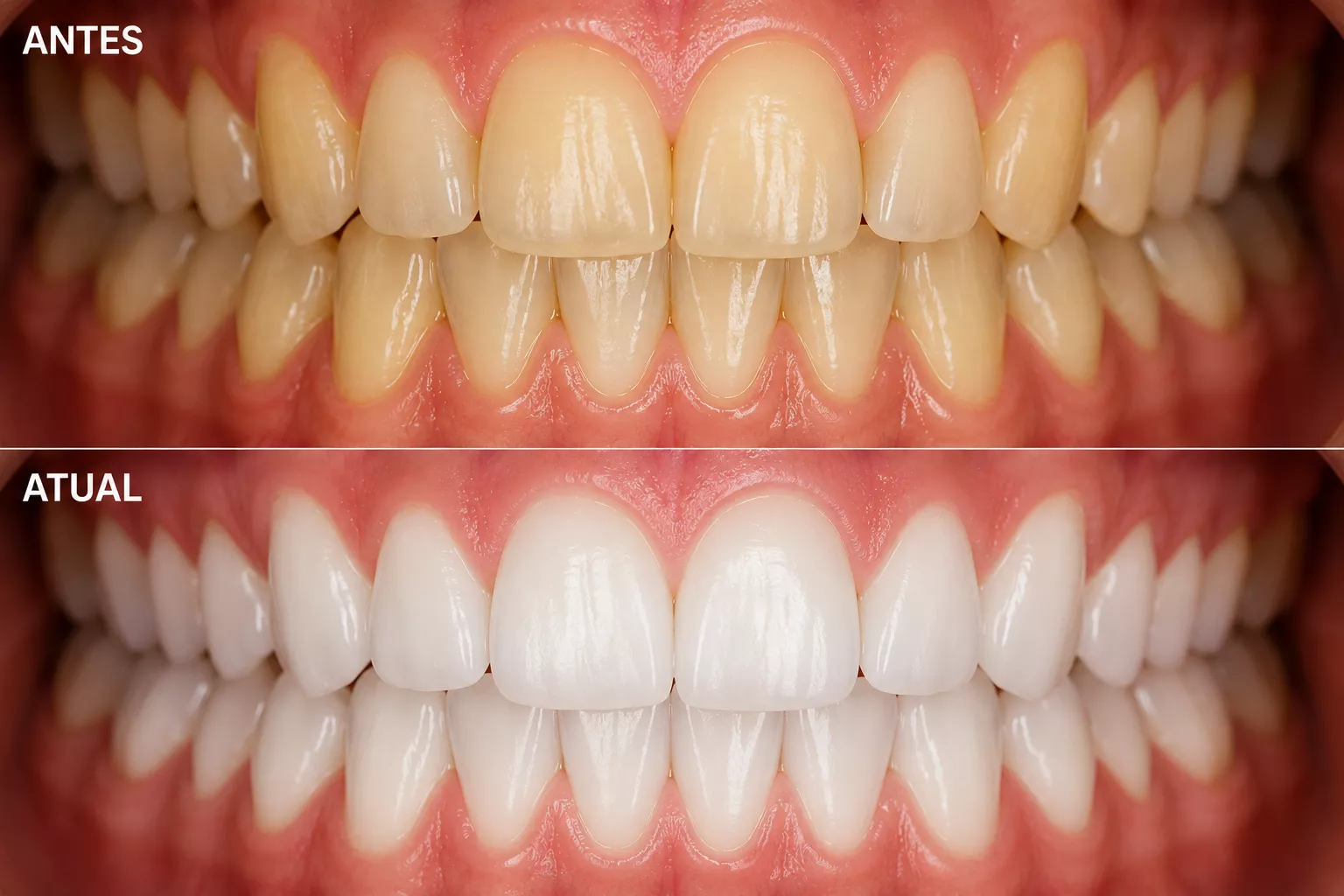 Antes e depois de clareamento dental realizado na ARCO