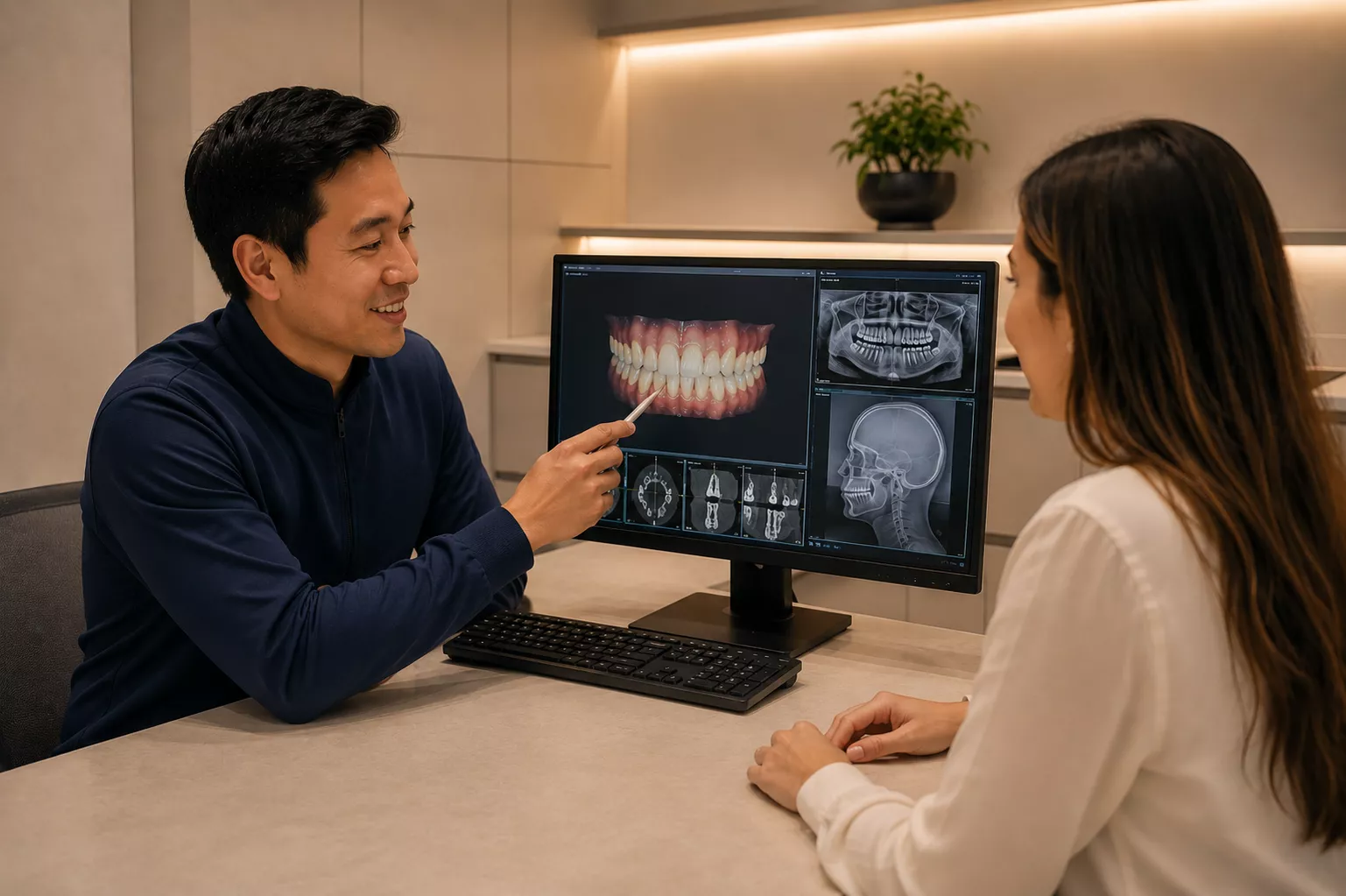 Dentista explicando um procedimento odontológico ao paciente