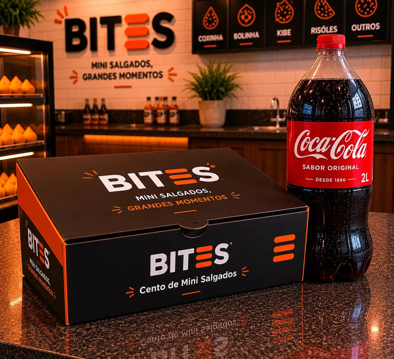 Combo de cento de salgados Bites com Coca-Cola