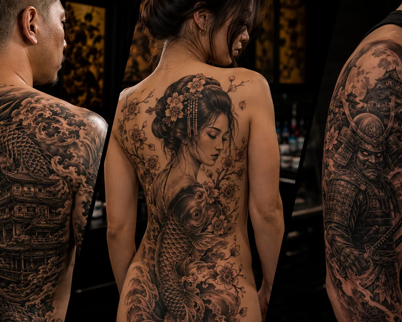 Projeto de tatuagem oriental com contraste e sombreado