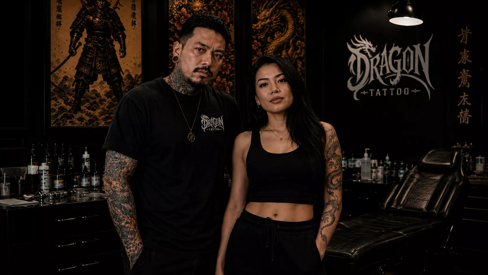 Mateus Silva e Stephanie Souza no estúdio Dragon Tattoo