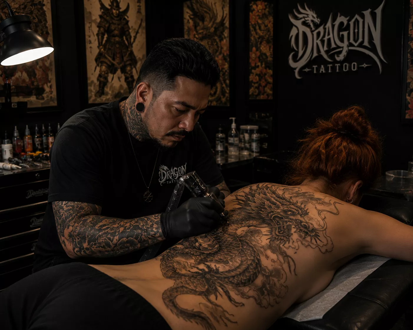 Mateus Silva tatuando um dragão oriental nas costas