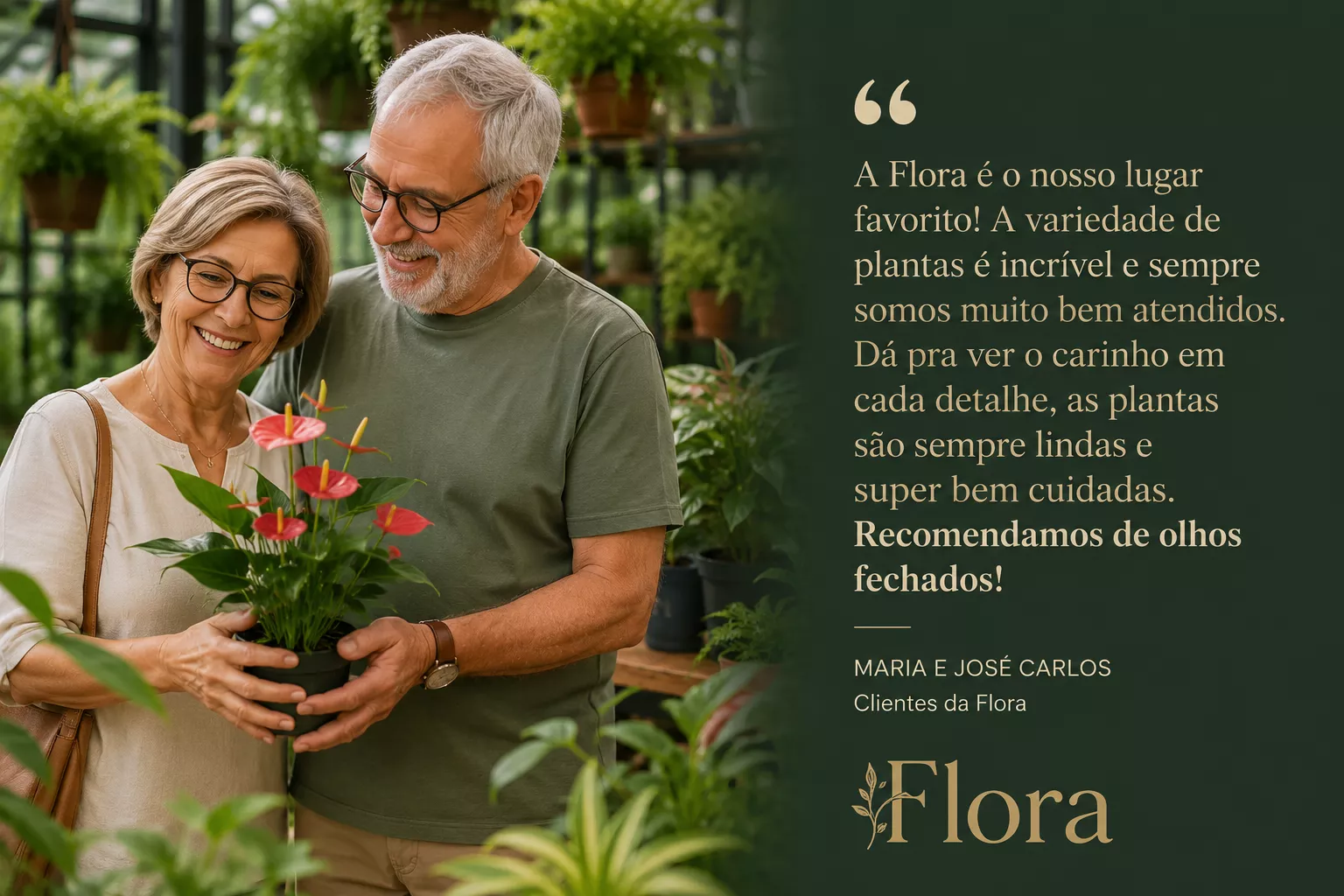 Depoimento visual de cliente da Flora sobre a experiência com a marca