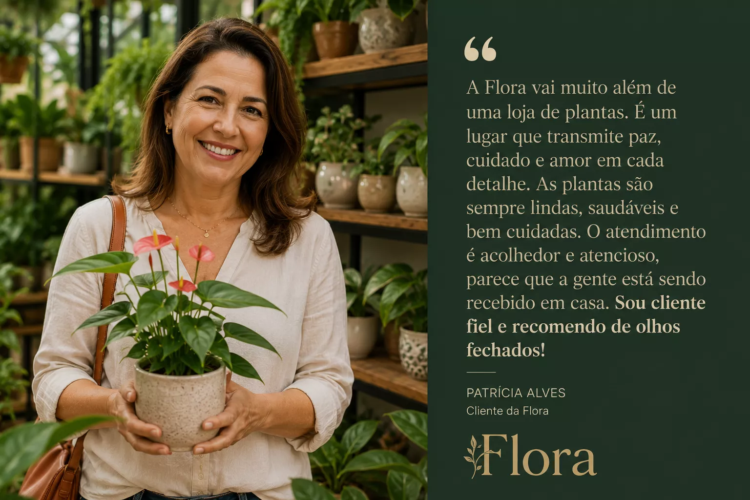 Depoimento visual de cliente da Flora sobre atendimento e atmosfera da loja