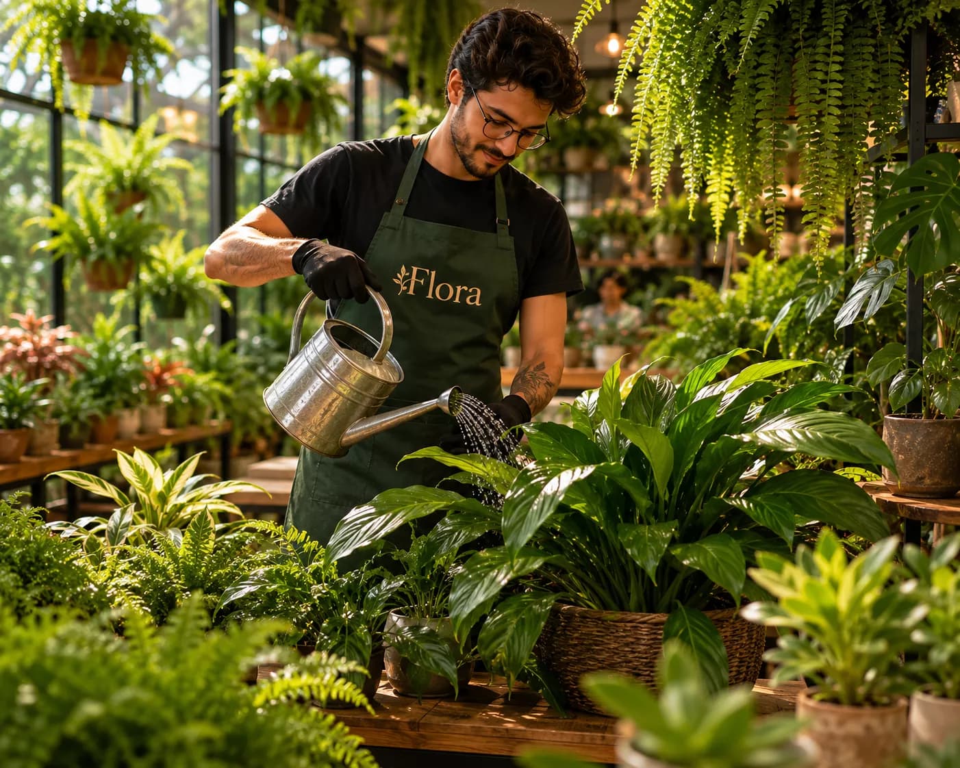 Profissional cuidando das plantas na Flora