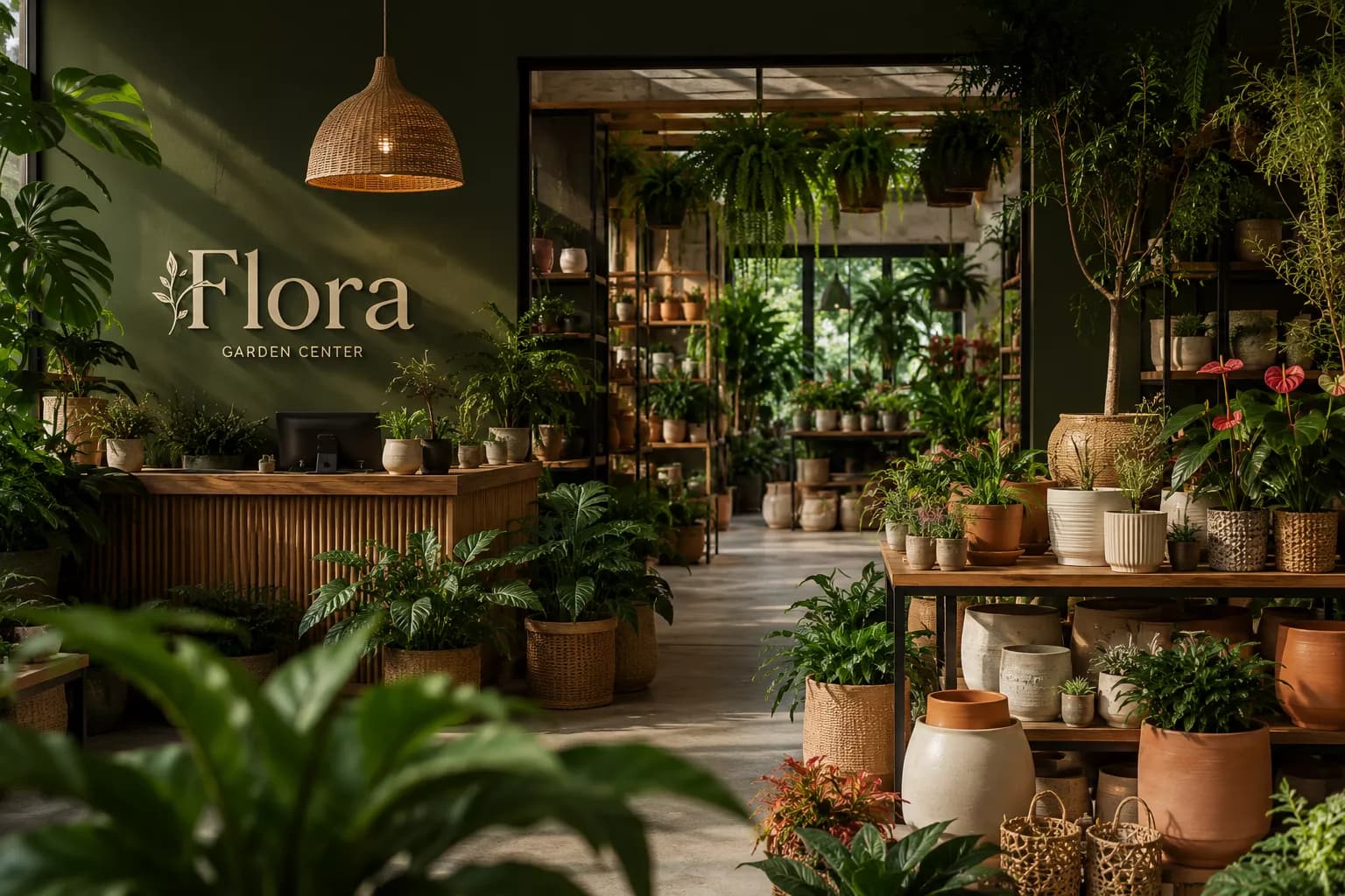 Interior da loja Flora com atmosfera de estufa contemporânea