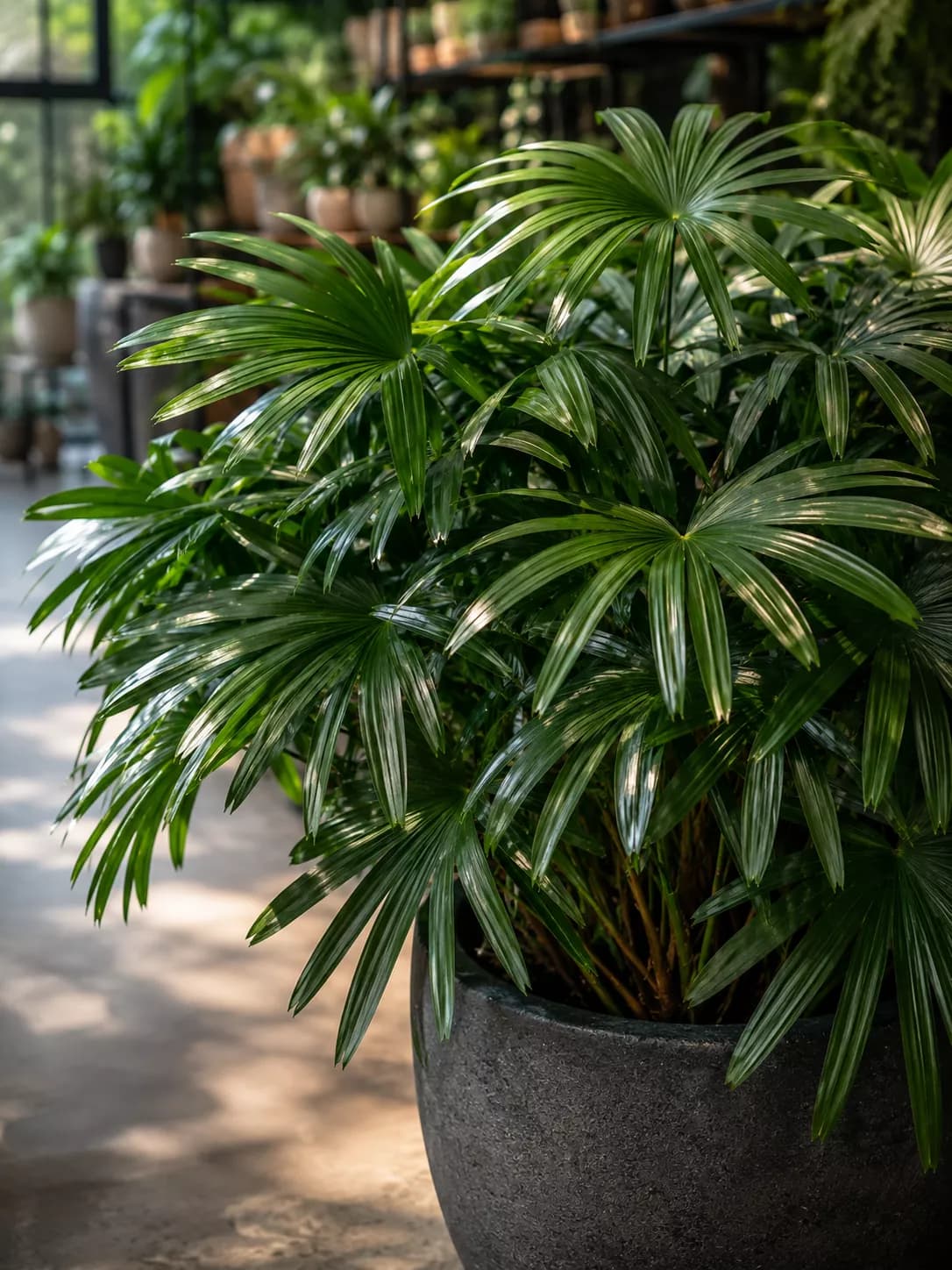 Palmeira-ráfis em destaque no garden center Flora