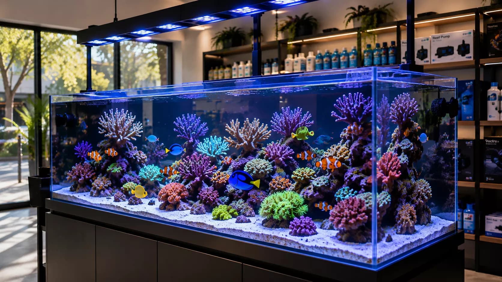 Aquario marinho exposto no interior da loja FLOW