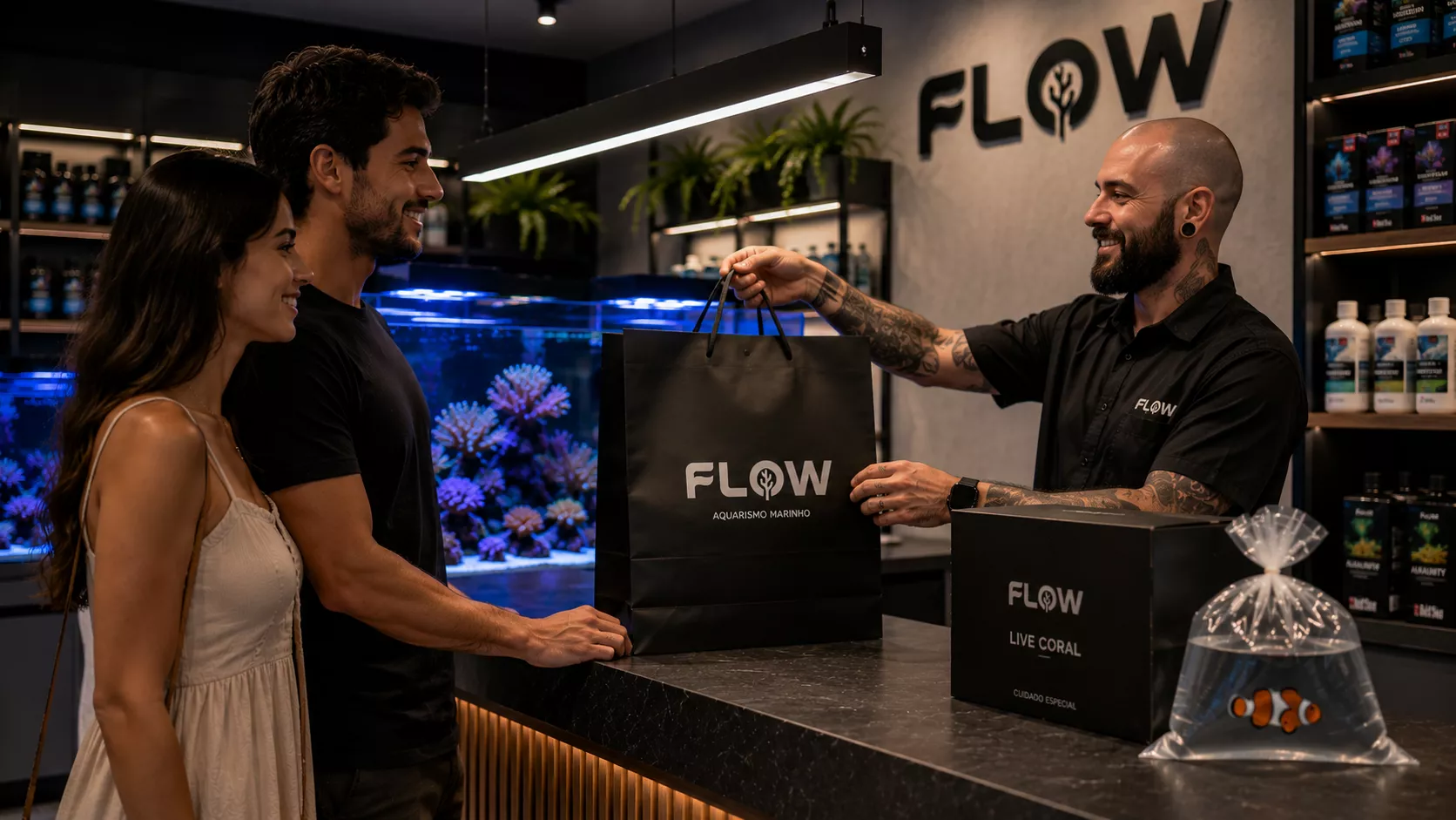 Casal recebendo compra de peixe palhaco e anemona na FLOW