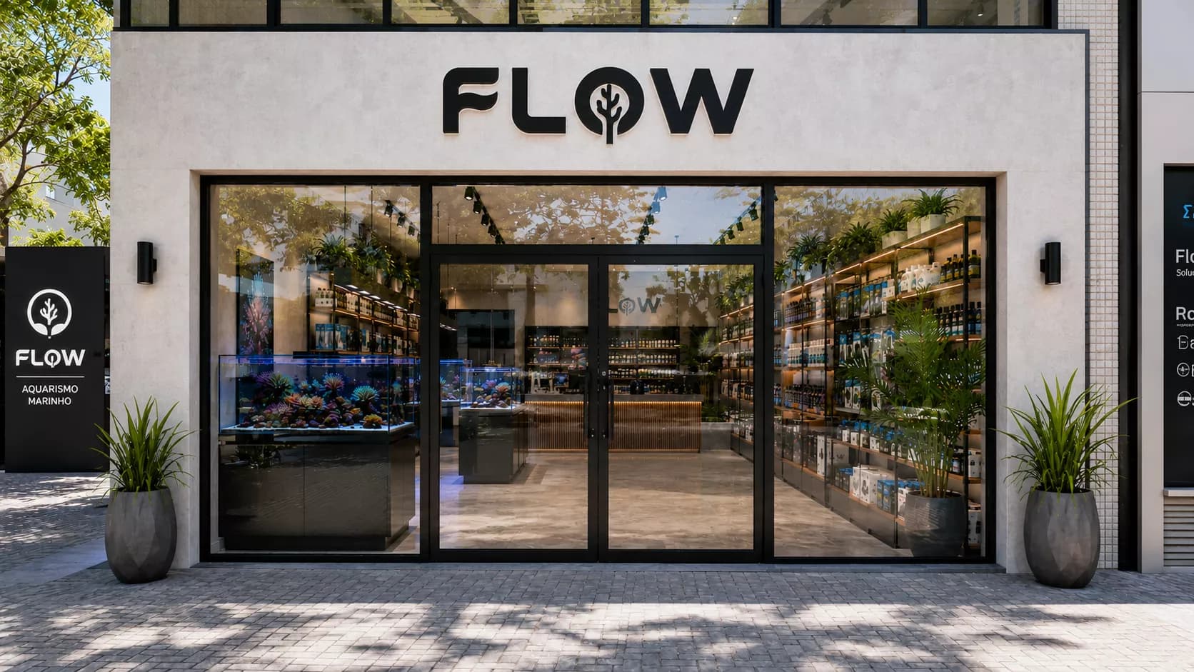 Fachada da loja FLOW com aquários marinhos visiveis pela vitrine