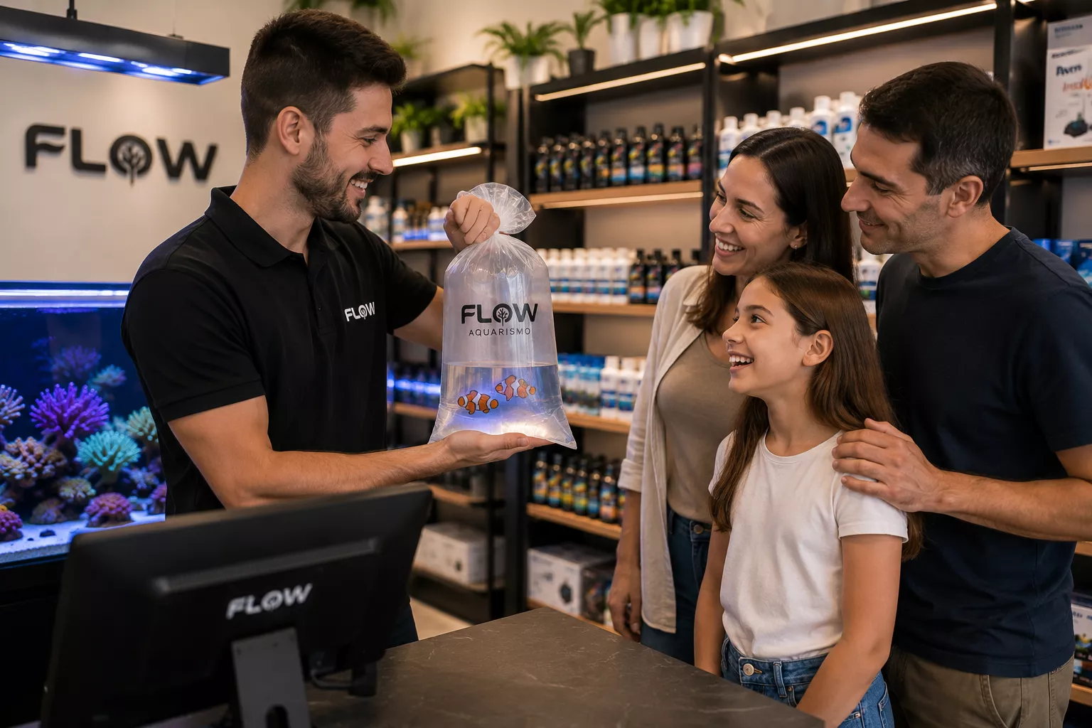 Familia comprando casal de peixes palhaco na FLOW