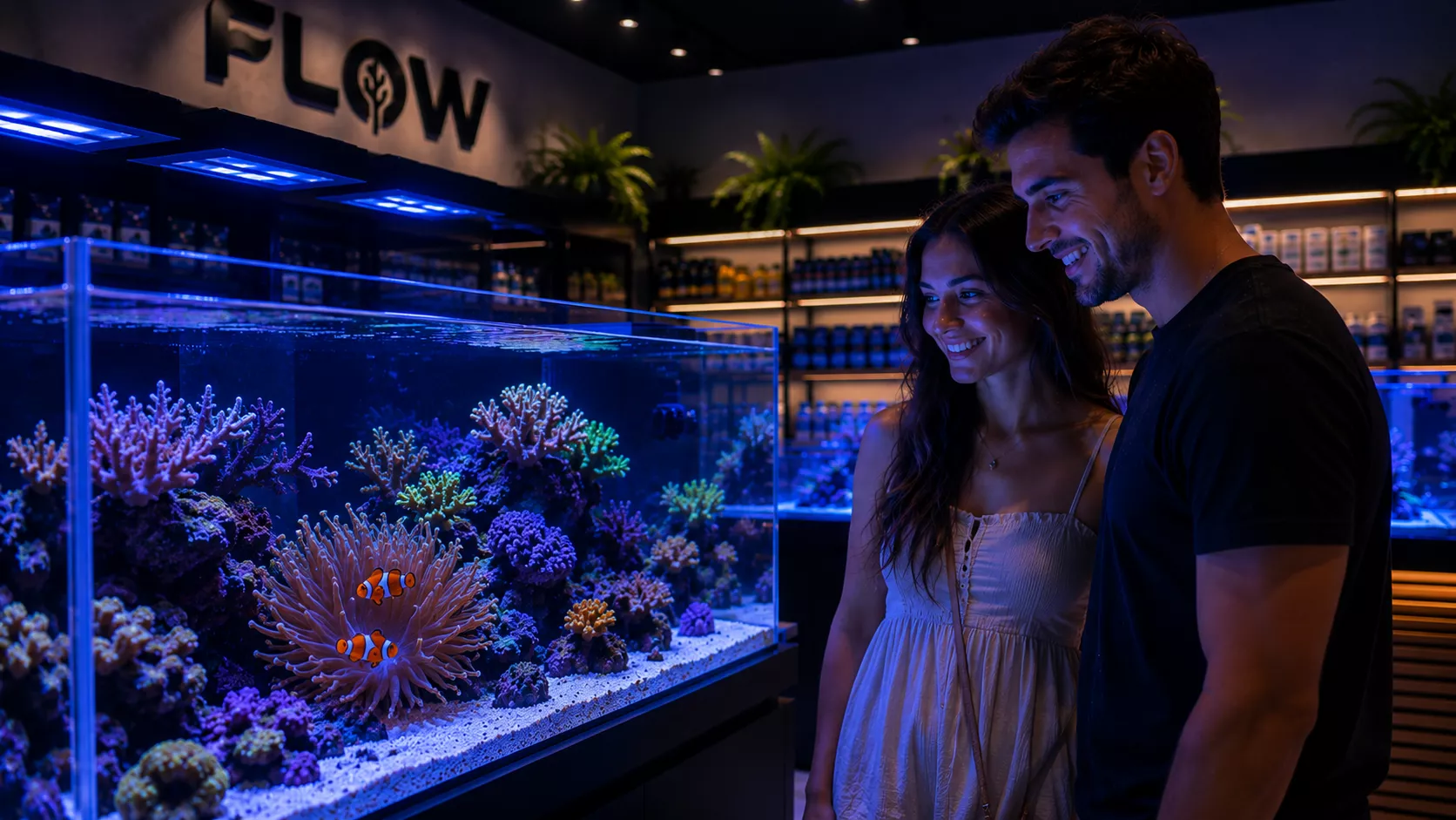 Casal admirando aquário marinho premium com peixes palhaco