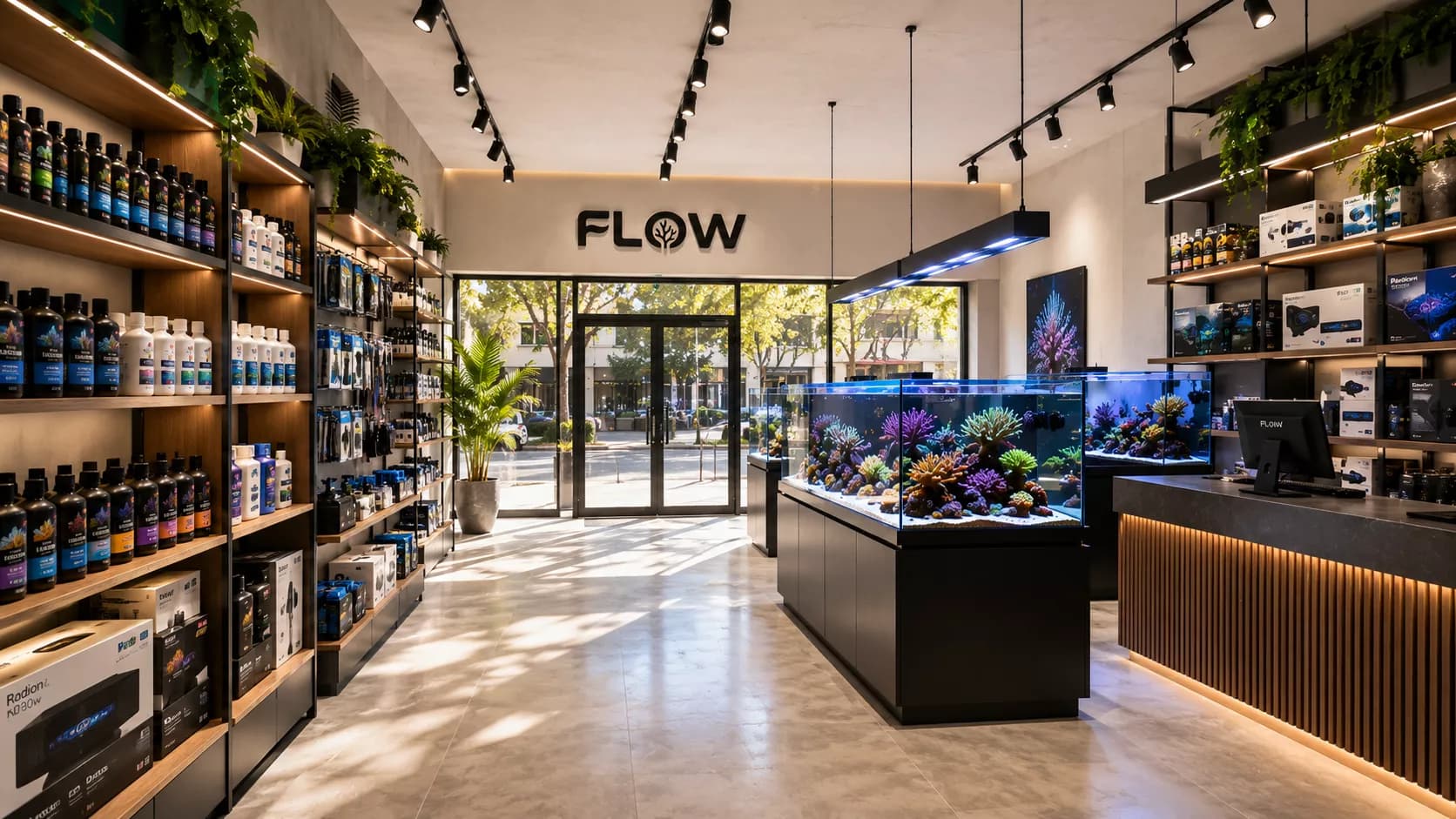 Interior da loja FLOW com aquários e produtos para reef