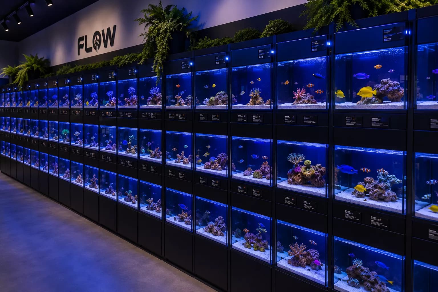 Parede de aquários com peixes ornamentais disponiveis