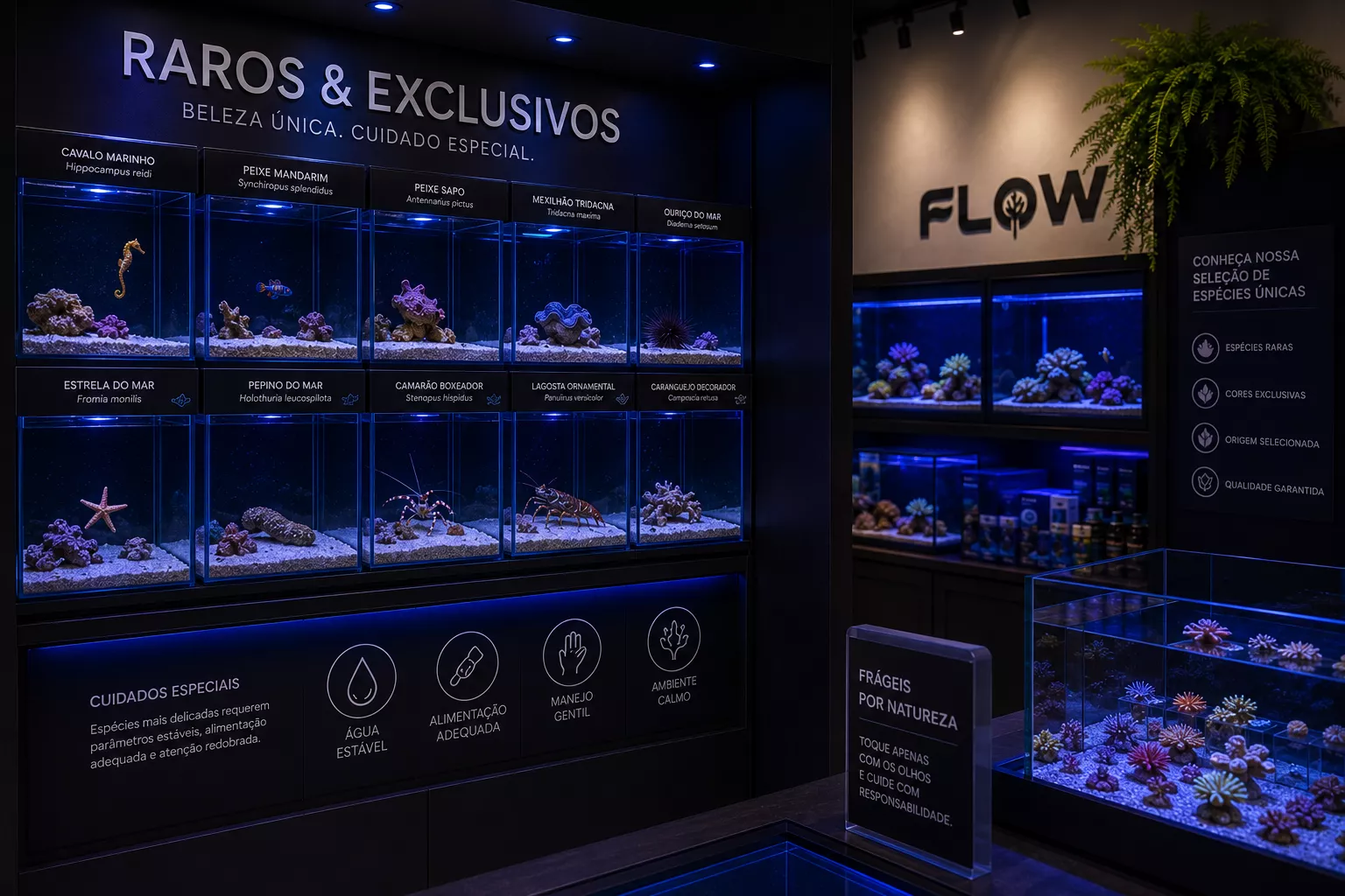 Parede de aquários com espécies marinhas raras