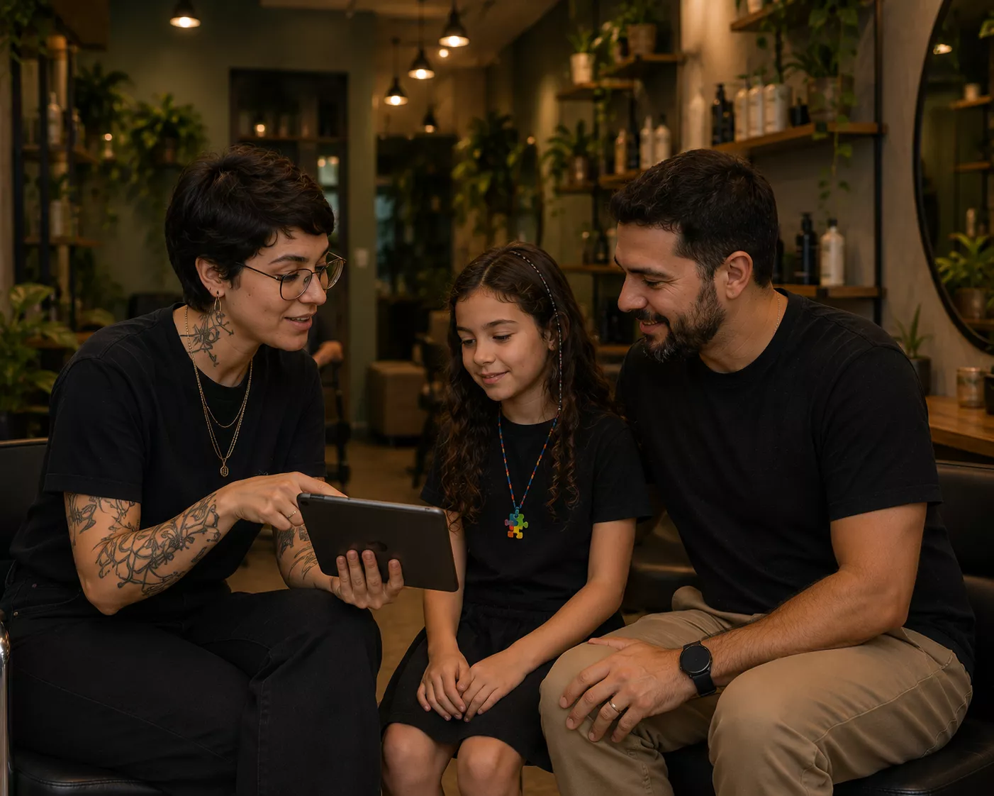 Funcionária da Haven explicando o procedimento para mãe de menina autista
