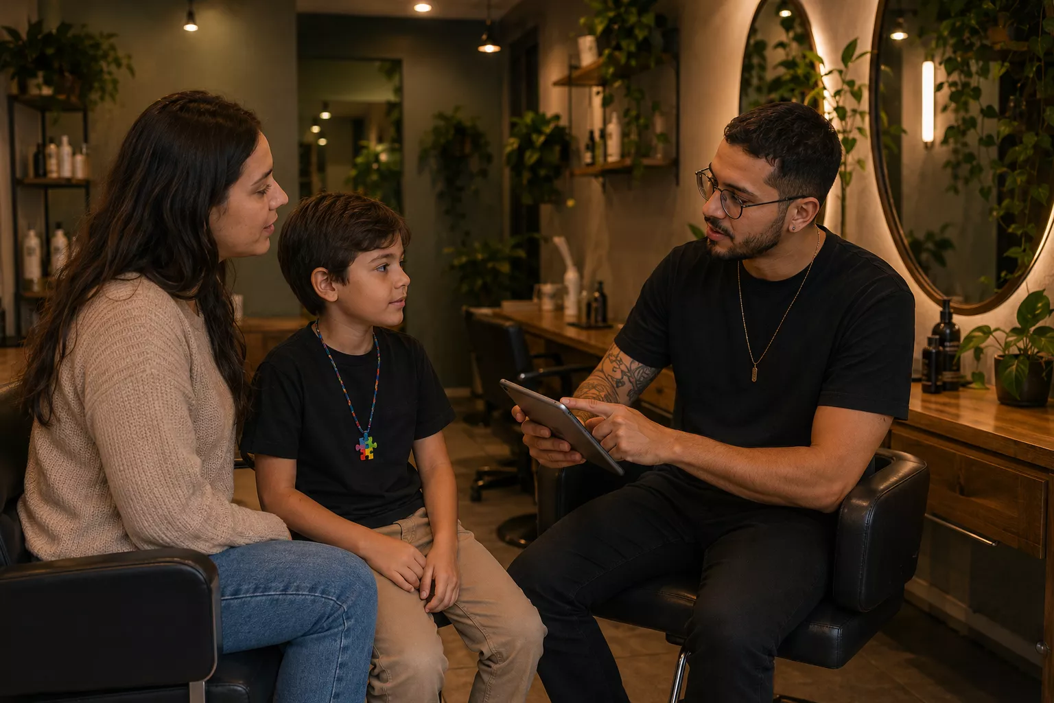 Funcionário da Haven explicando o procedimento para mãe de menino autista