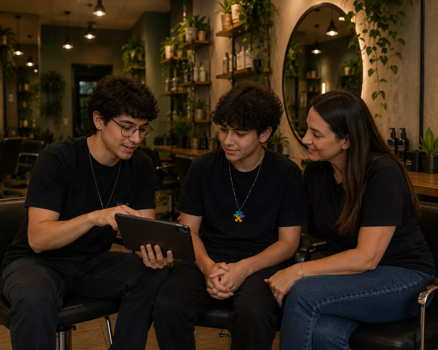 Funcionário da Haven explicando o procedimento para mãe e filho adolescente