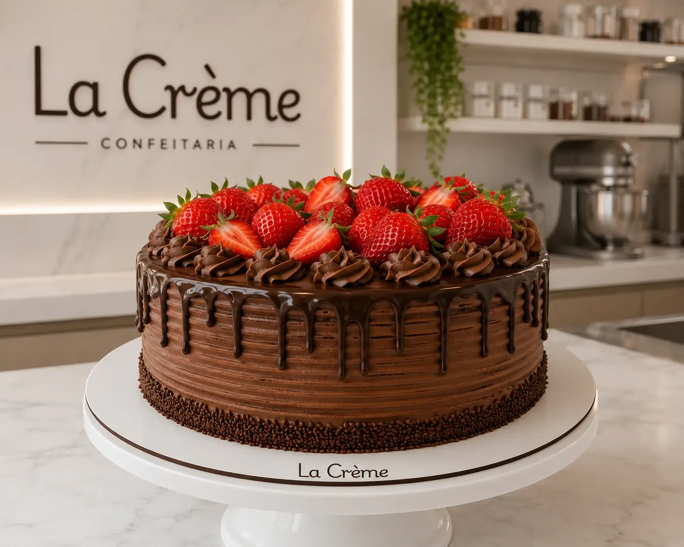 Bolo de chocolate com cobertura cremosa e morangos
