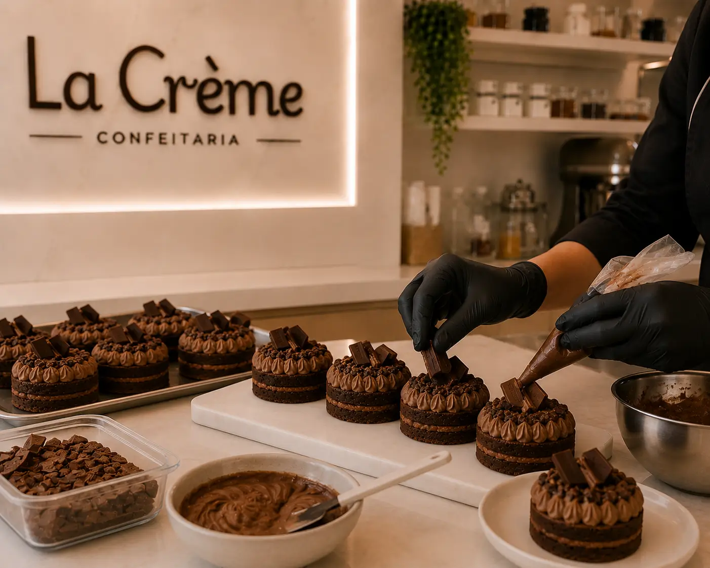 Bolo de chocolate sendo preparado com frutas