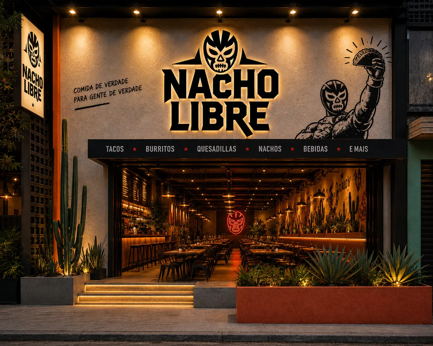 Fachada iluminada da Nacho Libre