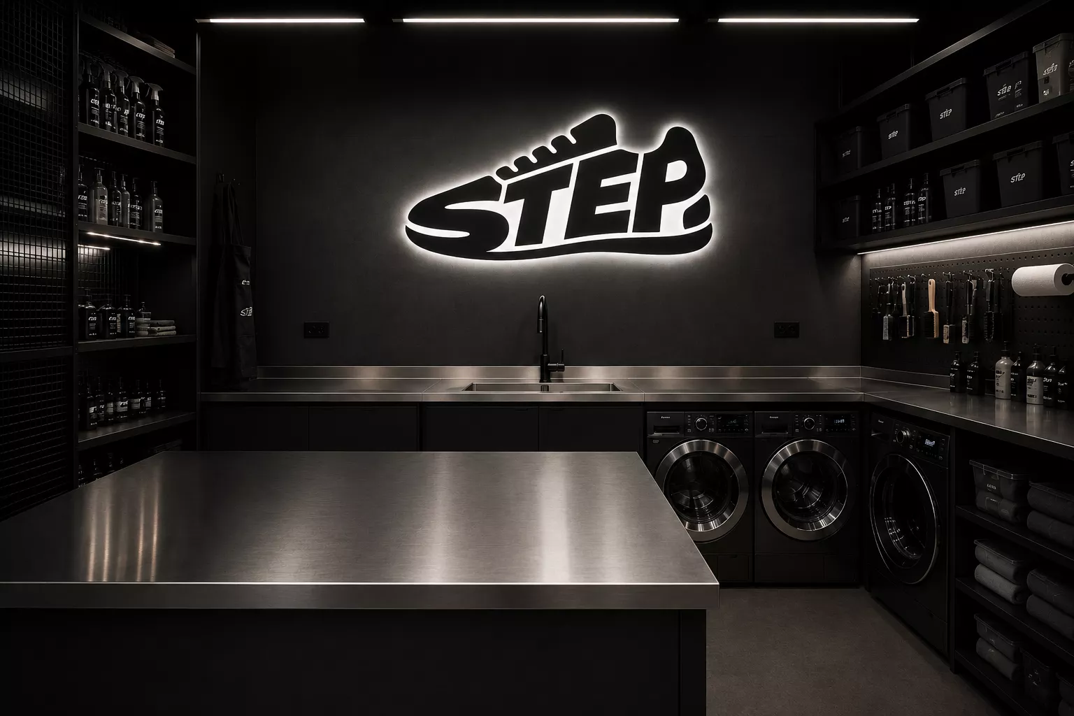 Ambiente técnico da STEP com bancada em inox e organização premium