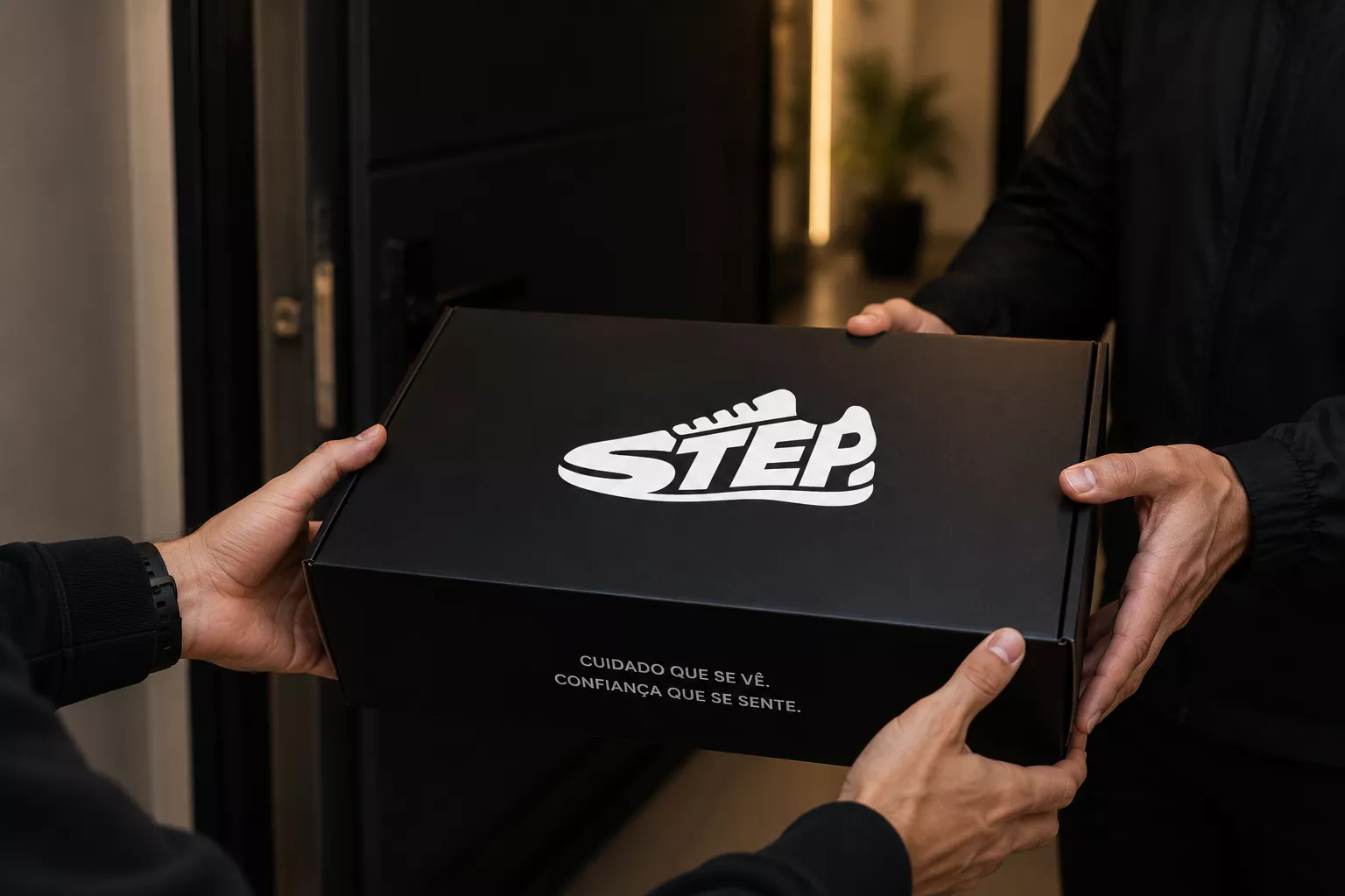 Funcionário da STEP entregando caixa com sneaker finalizado ao cliente