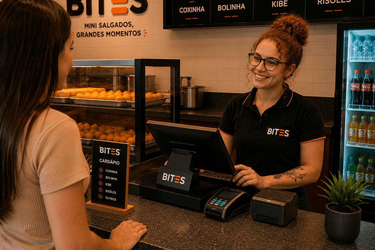Equipe Bites apresentando caixa de mini salgados