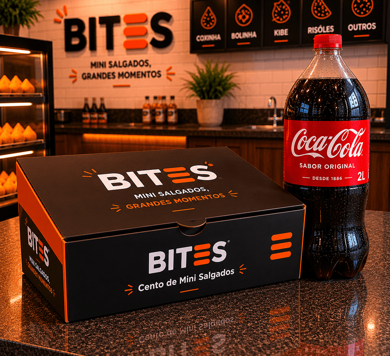 Combo de cento de salgados Bites com Coca-Cola