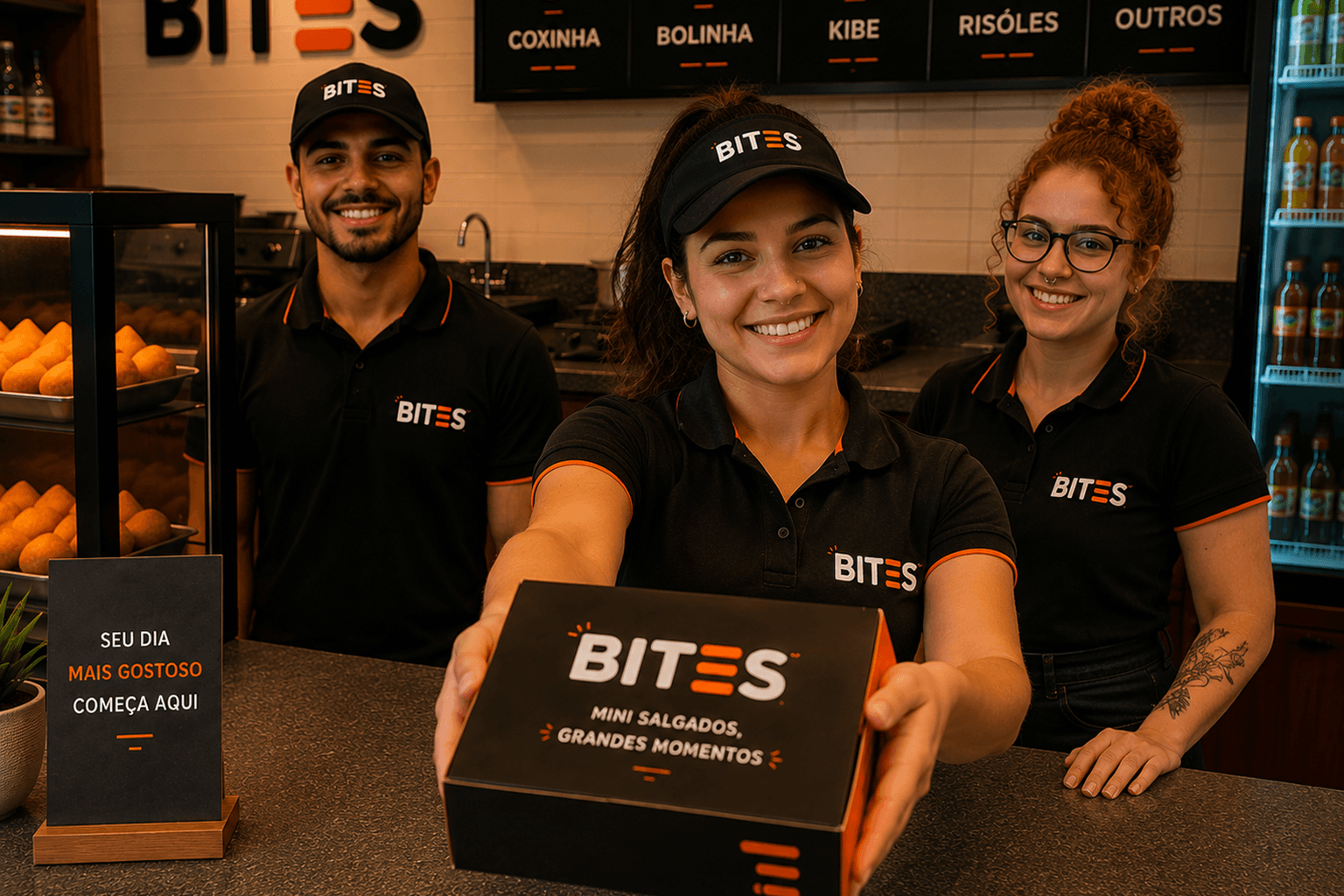 Equipe Bites entregando caixa de mini salgados